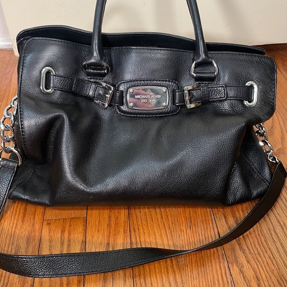 Michael Kors Black Pebbled Leather Hamilton‎ Belted Satchel Silver Hardware Bag - Picture 3 of 12